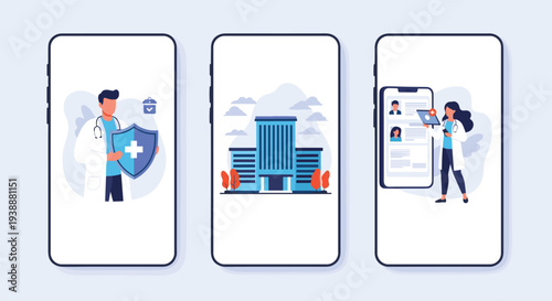 Set of three smartphone screens displaying mobile healthcare applications for doctor consultation and hospital search.