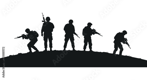 A group of soldiers in combat poses viewed against a bright background silhouette high quality professional