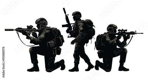 Three soldiers in tactical gear positioned for combat depicted as a striking silhouette high quality professional
