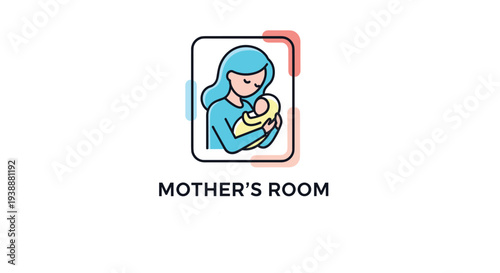 Simple graphic icon for a mothers room featuring a woman tenderly holding her newborn baby in a circular frame.