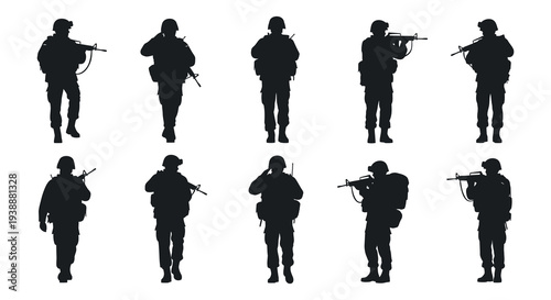 A group of soldiers in various poses all rendered as a stark black silhouette high quality