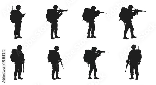 A collection of soldiers depicted in various poses carrying rifles and backpacks silhouette high quality professional