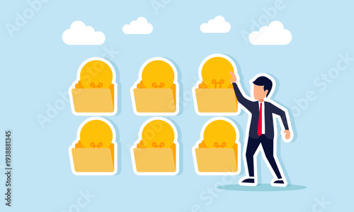 Businessman taking light bulb from folders symbolizing business innovation management and ability to generate creative ideas in corporate strategy