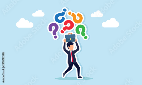 Businessman protecting himself with briefcase from falling question symbols representing analysis and calculation to answer questions about business ideas and strategy