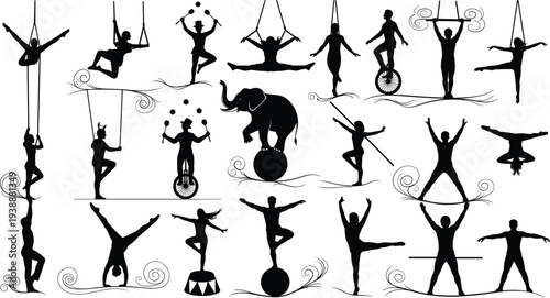Circus performer silhouettes set, acrobat juggler aerial gymnast elephant balancing unicycle trapeze artists vintage circus entertainment vector illustration collection