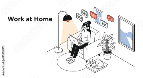 Peaceful work at home scene with a woman using her laptop while a cat sleeps nearby in a cozy living room environment.
