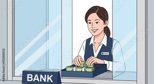 Friendly bank teller professional working behind a safety glass window while counting stacks of cash for a customer.