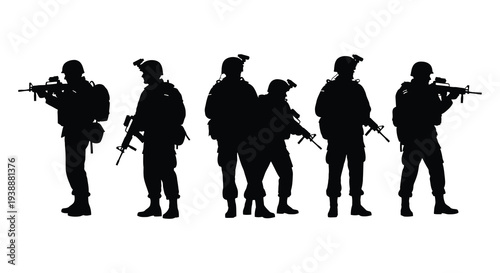 A row of armed soldiers stands at attention their forms depicted as a striking silhouette