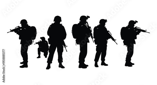 A group of soldiers in combat gear are shown in a striking black silhouette high quality