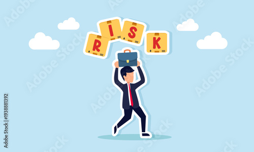 Businessman protecting himself with briefcase from falling risk boxes symbolizing business risk management and strategic protection in corporate decision making