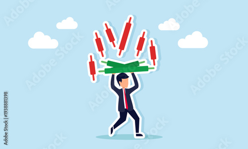 Businessman protecting himself with green candlestick from falling red candlesticks symbolizing maintaining win rate in stock trading during economic crisis
