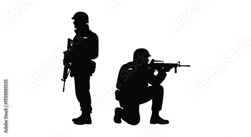 Two soldiers in tactical gear one standing and one kneeling depicted in black silhouette high quality