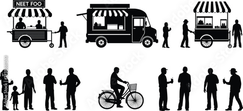 Street food vendor silhouettes set, food truck stall customers people drinking cycling urban market street food business vector illustration collection
