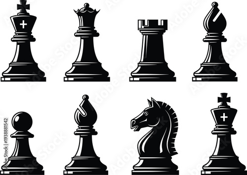 Chess pieces icons set, king queen rook bishop knight pawn classic strategy board game symbols vector illustration collection isolated design
