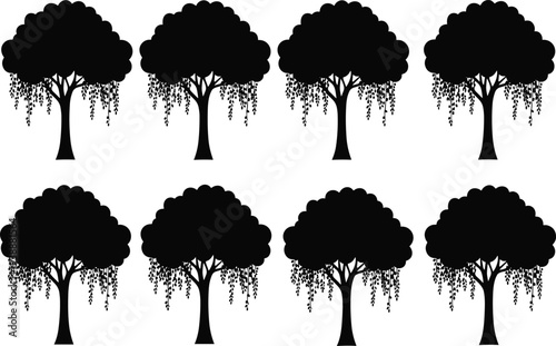 Tree silhouette icons set, willow tree hanging branches nature plant forest garden landscape black vector illustration collection isolated design elements