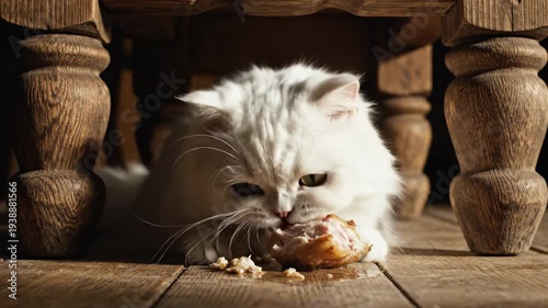 Fluffy white cat crouches under rustic wooden furniture beside a pastry, warm indoor light and cozy shadows suggest curiosity and comfort