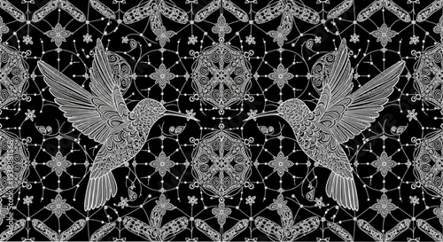 Intricate black and white pattern with flying birds on dark background ornate symmetrical design