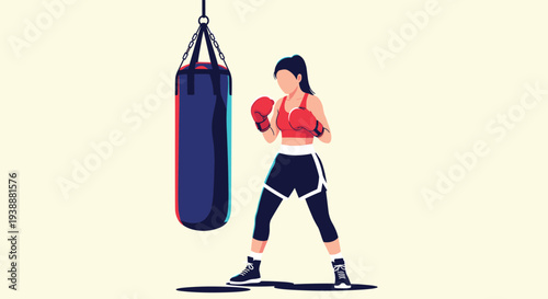 Energetic illustration of a young woman training with a punching bag while wearing red boxing gloves in a gym.