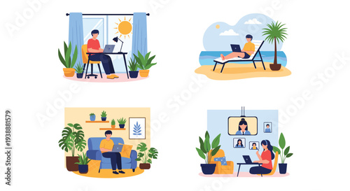 Set of diverse remote work scenarios showing people working from home on a laptop in different comfortable settings.