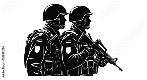 Two soldiers stand back to back armed and vigilant depicted in striking black silhouette high quality professional detailed
