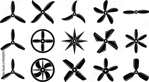 Collection of sixteen unique black propeller and fan blade silhouettes in grid layout, showcasing diverse aerodynamic designs for drones, aircraft, ventilation, and mechanical engineering concepts.