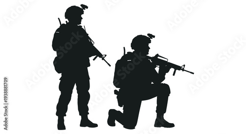 Two soldiers in combat gear one kneeling displaying a stark black silhouette high quality professional detailed