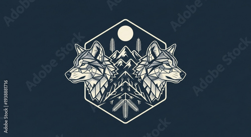 Two wolf heads in hexagon frame with mountains and moon