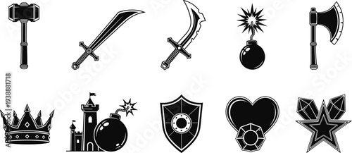 Fantasy game weapon icons set, sword axe hammer bomb crown shield heart star castle symbols, medieval RPG equipment vector collection