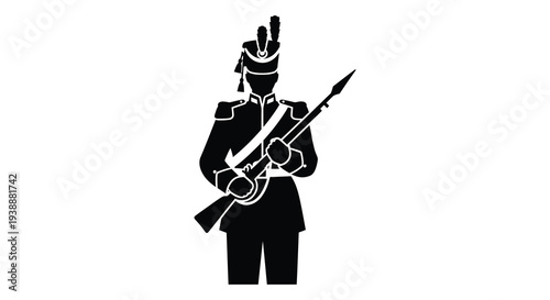 A striking black silhouette of a historical soldier presenting arms with a bayonet silhouette high quality