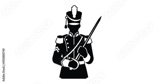 A striking black silhouette of a historical soldier holding a saber displaying ornate uniform details silhouette