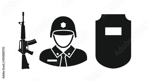 A stark depiction of military equipment and a soldier s head in black silhouette high quality professional