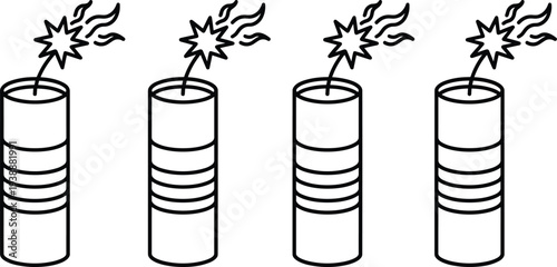 Set of four cylindrical firecracker icons with ignited fuses, sparks, and decorative bands representing fireworks, celebration, festival, and explosive entertainment in vector illustration.