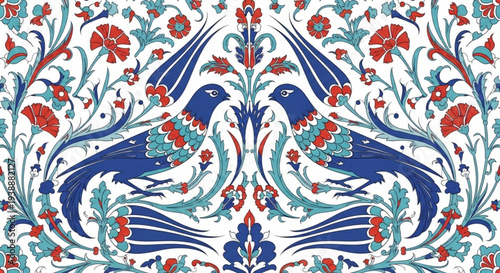 Vibrant floral pattern with symmetrical blue birds and colorful flowers on white background decorative design element