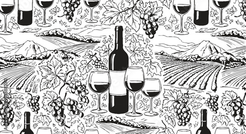 Vineyard wine pattern with bottles and glasses