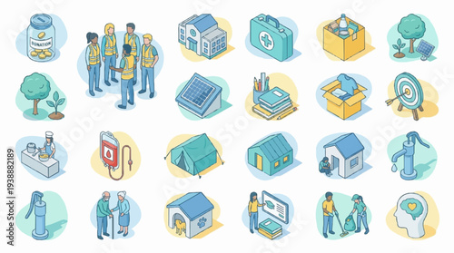 Modern isometric perspective icons for social charity and community aid