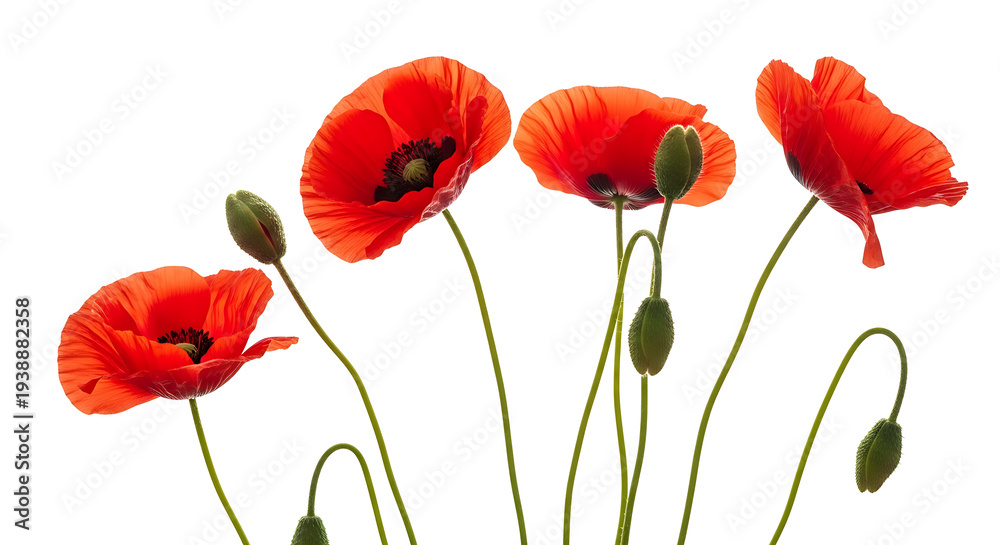 Obraz premium Elegant Minimalist Composition of Vibrant Red Poppy Flowers on White
