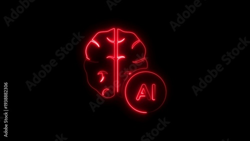 Neon Red AI Brain Icon with Circuitry and AI Symbol on Black Background artificial intelligence