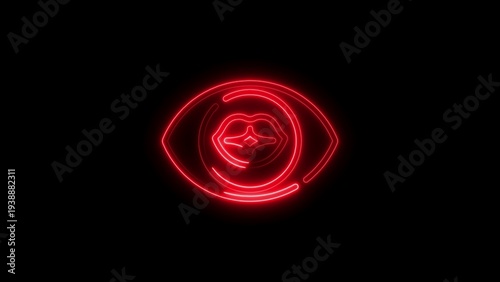 Neon Red Eye and Lips Icon with Concentric Circles on Black Background image photo