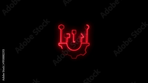 Neon Red Gear and Arrows Icon Glowing on Black Background technology industry