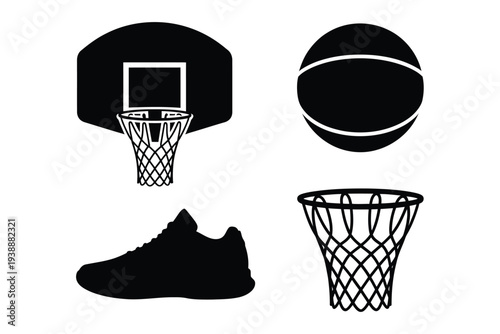 Black and white basketball hoop, ball, and sneaker 1