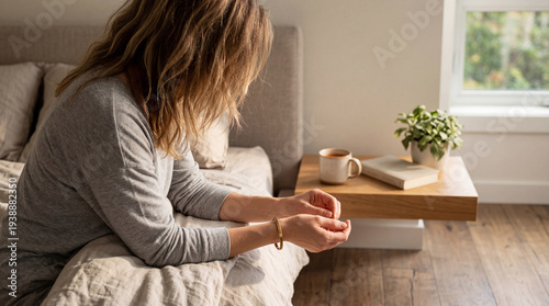 A quiet and reflective moment for a woman in bed during the morning, bathed in soft, natural window light.