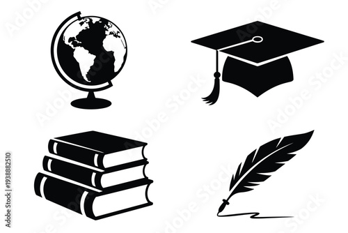 Black and white education set with globe books graduation cap and quill
