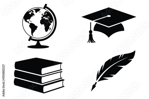 Black and white educational set with globe graduation cap books and quill