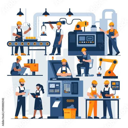 Factory workers operating machinery and robots in a modern industrial production line.