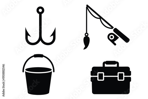 Black and white fishing and tool set anchor hook fishing rod