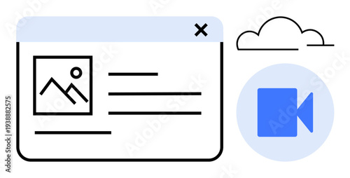 Online media, cloud storage, video sharing, digital content, web interface, data transfer. Application window with image thumbnail, cloud and video icon. Cloud storage and online media concept