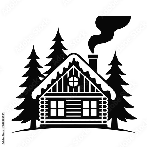 Black and white log cabin with trees and smoke from chimney