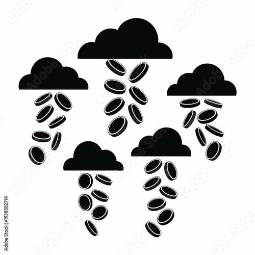 Black and white of raining donuts from clouds