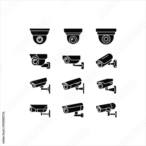 Security camera icons set, black and white surveillance symbols