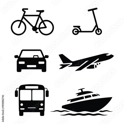 Black and white of various transportation methods bicycle
